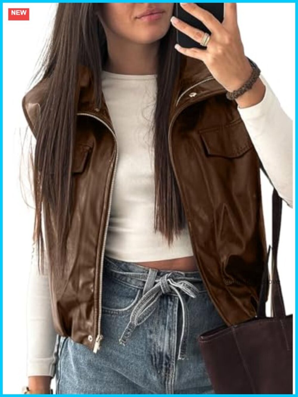 Faux Leather Sleeveless Motorcycle Vest Zip Up Jacket Women Fall Winter